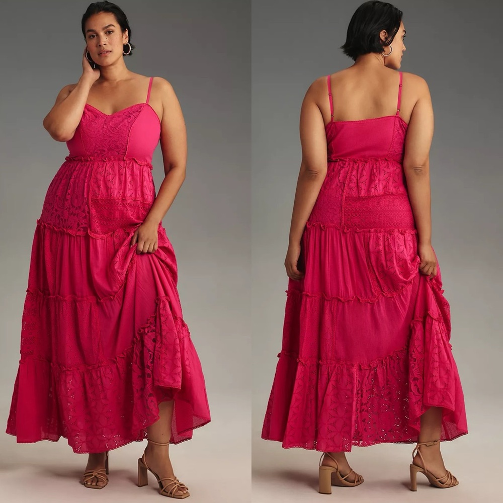 Anthropologie Bhanuni by Jyoti • Patchwork Lace Tiered Midi Dress Cottagecore LG